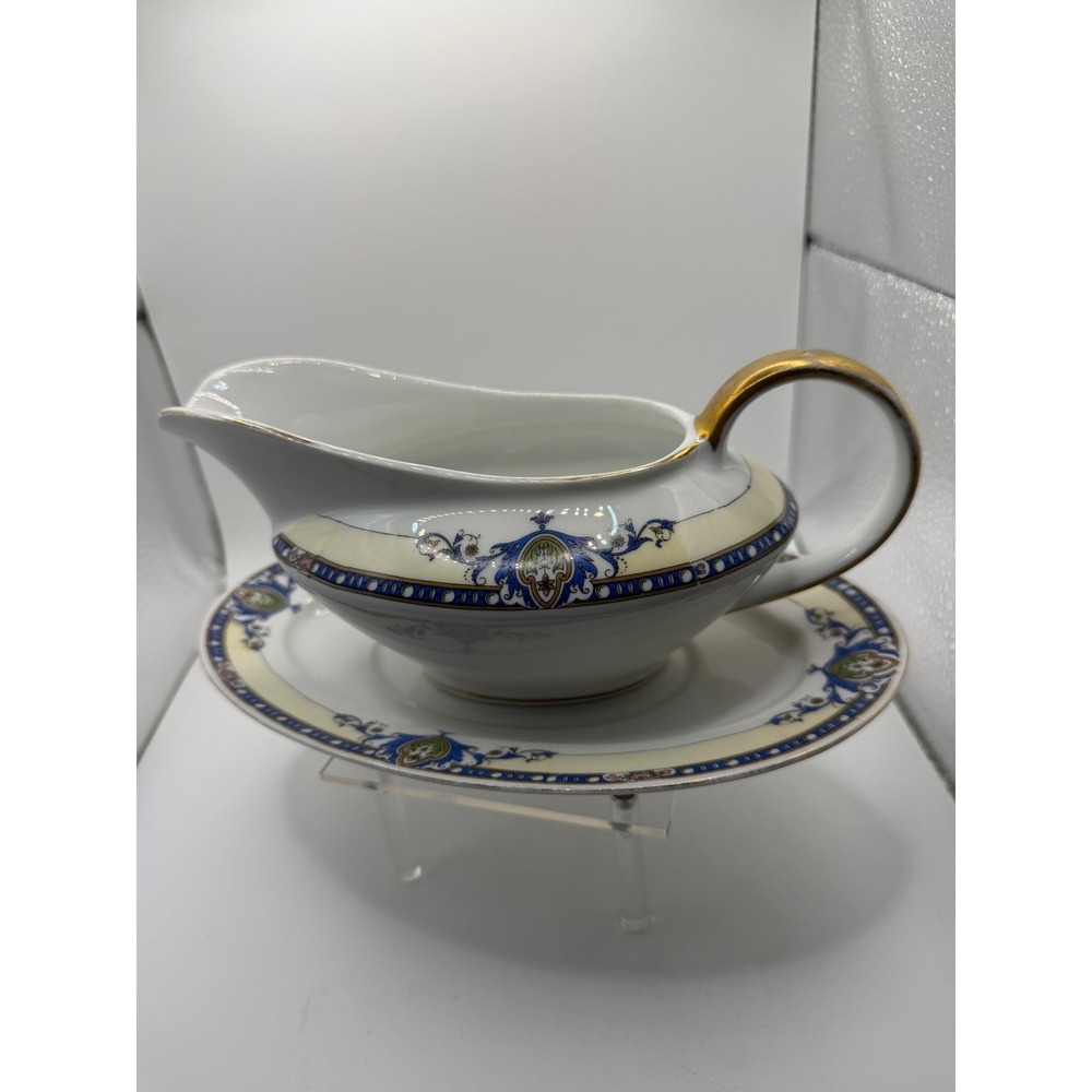 Victoria Czecho-Slovakia Gravy Boat Attached Underplate Gold Handle Blue Cream - Picture 3 of 6